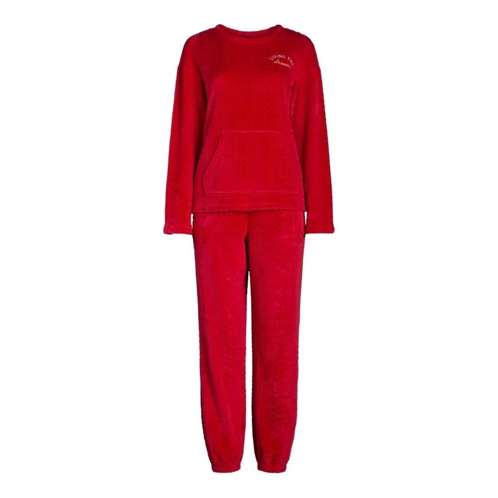 Joyspun Womens Plush Pajama Crew Neck Pullover Pockets Set Red Pepper Size S